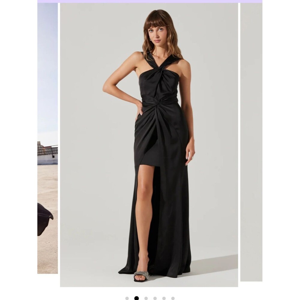 ASTR The Label Georgiana Black Halter Maxi Dress Satin Slit NWT S